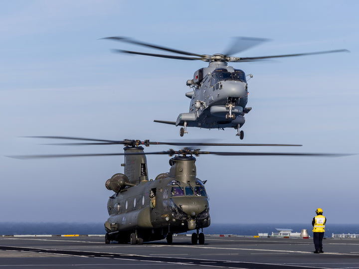 Royal Navy Merlin and an RAF Chinook Helicopters landing | Photo Print | Framed Print | Military | Aircraft | Wall Art | NAS | Aviation Hampshire Prints 6 x 4 No Frame No