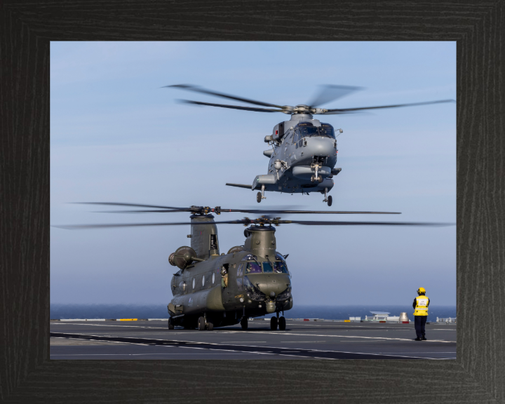 Royal Navy Merlin and an RAF Chinook Helicopters landing | Photo Print | Framed Print | Military | Aircraft | Wall Art | NAS | Aviation Hampshire Prints 10 x 8 Black Frame No