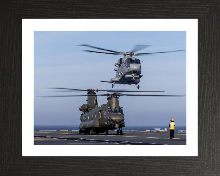 Royal Navy Merlin and an RAF Chinook Helicopters landing | Photo Print | Framed Print | Military | Aircraft | Wall Art | NAS | Aviation Hampshire Prints 10 x 8 Black Frame Yes