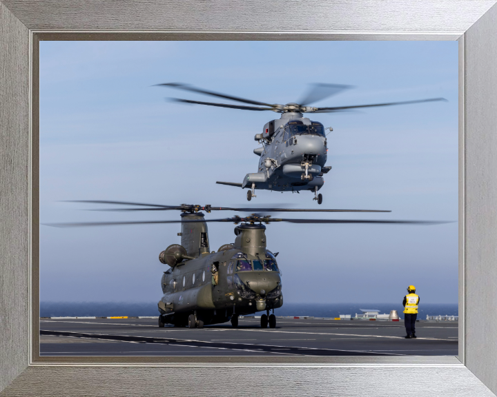 Royal Navy Merlin and an RAF Chinook Helicopters landing | Photo Print | Framed Print | Military | Aircraft | Wall Art | NAS | Aviation Hampshire Prints 10 x 8 Silver Frame No