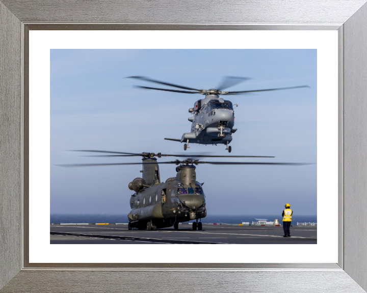 Royal Navy Merlin and an RAF Chinook Helicopters landing | Photo Print | Framed Print | Military | Aircraft | Wall Art | NAS | Aviation Hampshire Prints 10 x 8 Silver Frame Yes