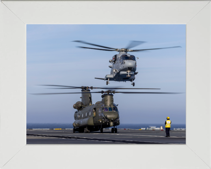 Royal Navy Merlin and an RAF Chinook Helicopters landing | Photo Print | Framed Print | Military | Aircraft | Wall Art | NAS | Aviation Hampshire Prints 10 x 8 White Frame No