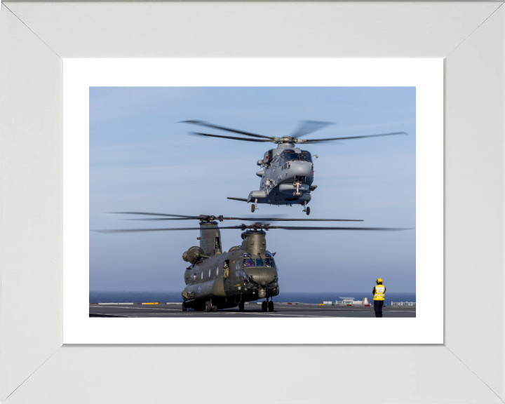 Royal Navy Merlin and an RAF Chinook Helicopters landing | Photo Print | Framed Print | Military | Aircraft | Wall Art | NAS | Aviation Hampshire Prints 10 x 8 White Frame Yes