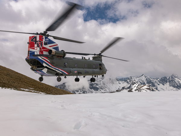 RAF Chinook Helicopter Union Jack Tail Pyrenees May 2023