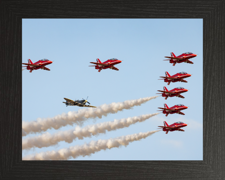 Spitfire and RAF Red Arrows Photo Print - Royal Air Force Aircraft Hampshire Prints 10 x 8 Black Frame No