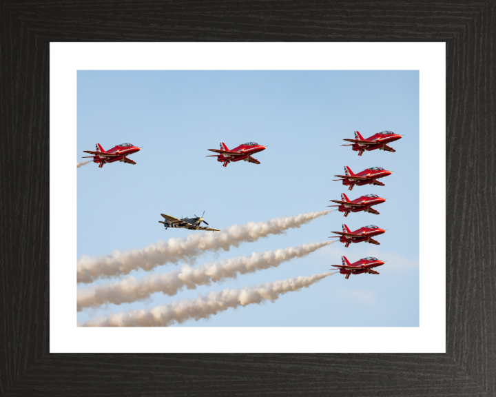 Spitfire and RAF Red Arrows Photo Print - Royal Air Force Aircraft Hampshire Prints 10 x 8 Black Frame Yes