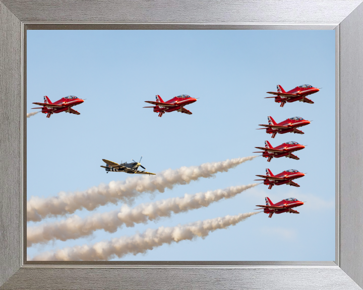 Spitfire and RAF Red Arrows Photo Print - Royal Air Force Aircraft Hampshire Prints 10 x 8 Silver Frame No