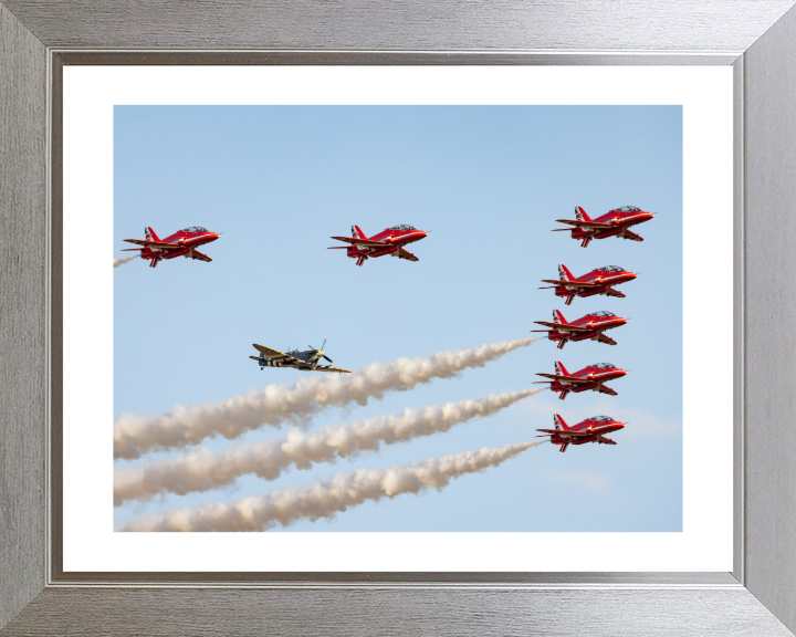 Spitfire and RAF Red Arrows Photo Print - Royal Air Force Aircraft Hampshire Prints 10 x 8 Silver Frame Yes