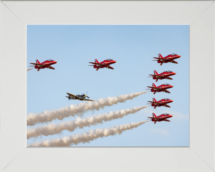 Spitfire and RAF Red Arrows Photo Print - Royal Air Force Aircraft Hampshire Prints 10 x 8 White Frame No