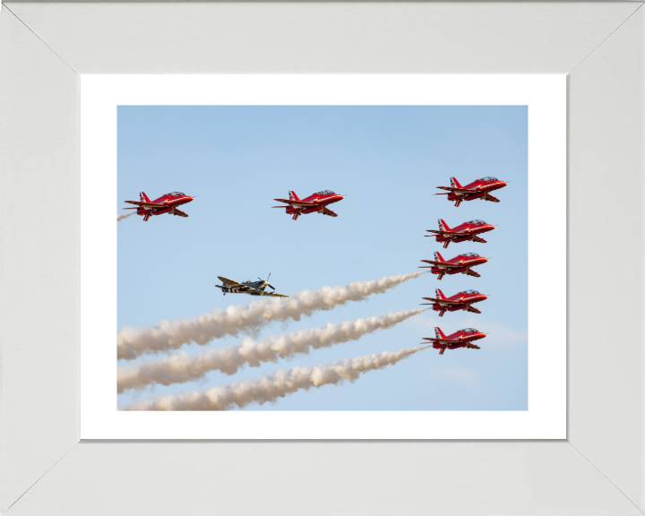 Spitfire and RAF Red Arrows Photo Print - Royal Air Force Aircraft Hampshire Prints 10 x 8 White Frame Yes