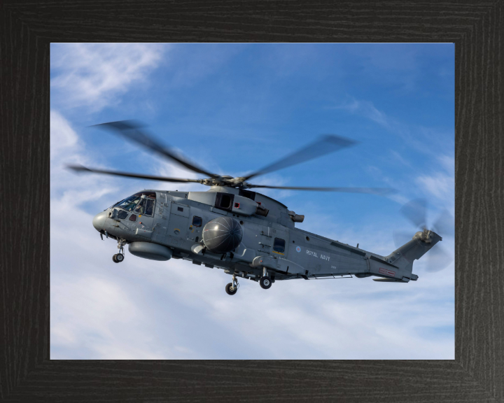 Merlin Crowsnest Helicopter in flight Photo Print - Royal Navy Aircraft Hampshire Prints 10 x 8 Black Frame No