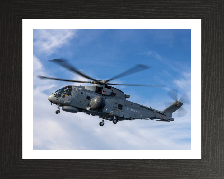 Merlin Crowsnest Helicopter in flight Photo Print - Royal Navy Aircraft Hampshire Prints 10 x 8 Black Frame Yes