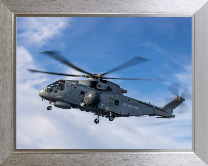 Merlin Crowsnest Helicopter in flight Photo Print - Royal Navy Aircraft Hampshire Prints 10 x 8 Silver Frame No