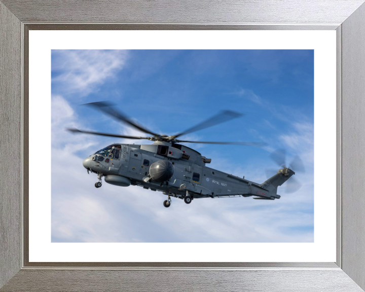 Merlin Crowsnest Helicopter in flight Photo Print - Royal Navy Aircraft Hampshire Prints 10 x 8 Silver Frame Yes