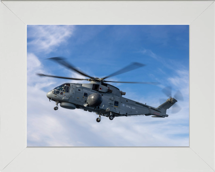 Merlin Crowsnest Helicopter in flight Photo Print - Royal Navy Aircraft Hampshire Prints 10 x 8 White Frame No