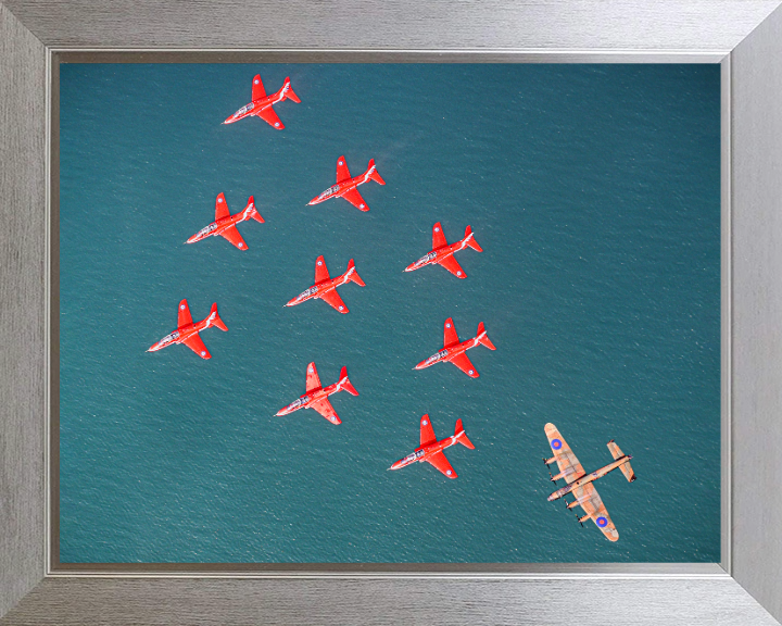 RAF Red Arrows and Lancaster Bomber Photo Print - Royal Air Force Aircraft Hampshire Prints 10 x 8 Silver Frame No