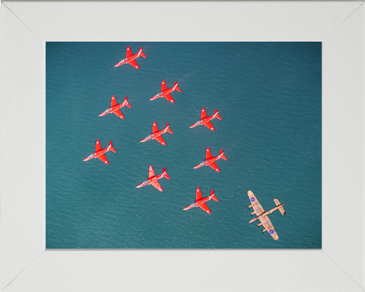 RAF Red Arrows and Lancaster Bomber Photo Print - Royal Air Force Aircraft Hampshire Prints 10 x 8 White Frame No