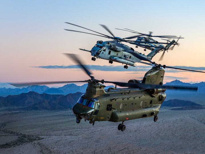 RAF CH-47 Chinook with two USMC ch-53 Sea Stallions Photo Print - Royal Air Force Aircraft Hampshire Prints 6 x 4 No Frame No