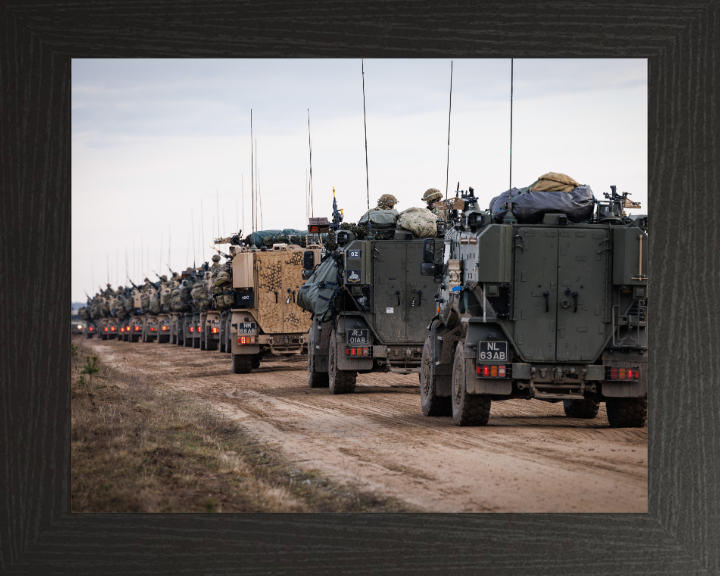 Line of British Foxhound vehicles Photo Print - British Army Vehicle Hampshire Prints 10 x 8 Black Frame No