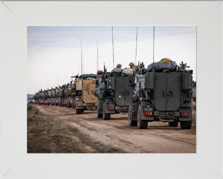 Line of British Foxhound vehicles Photo Print - British Army Vehicle Hampshire Prints 10 x 8 White Frame No