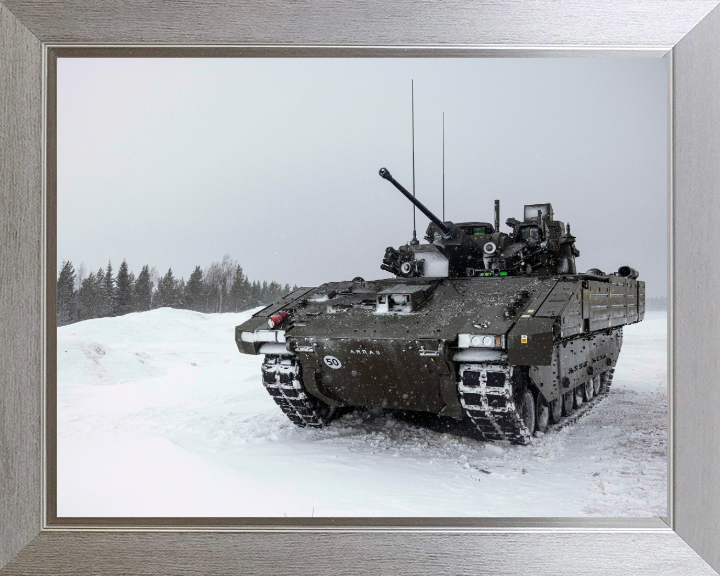 AJAX Armoured Fighting Vehicle in the snow Photo Print - British Army Vehicle Hampshire Prints 10 x 8 Silver Frame No