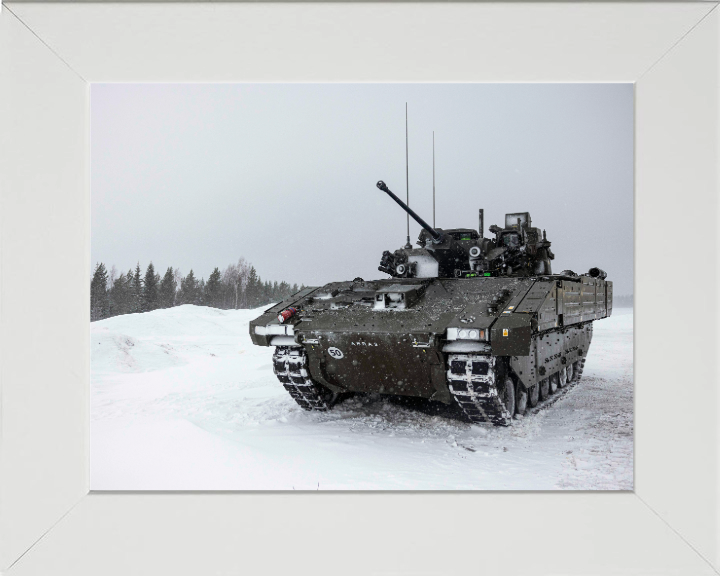AJAX Armoured Fighting Vehicle in the snow Photo Print - British Army Vehicle Hampshire Prints 10 x 8 White Frame No