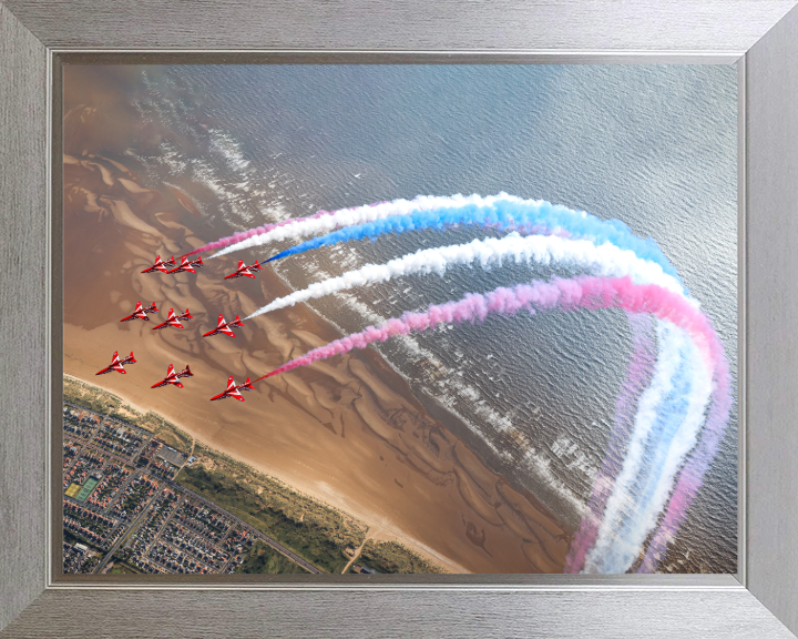 RAF Red Arrows over Blackpool beach Photo Print - Royal Air Force Aircraft Hampshire Prints 10 x 8 Silver Frame No