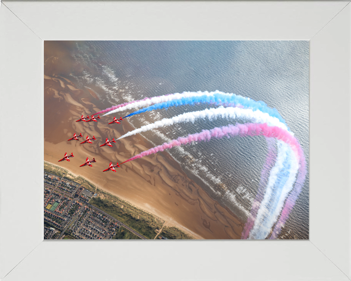 RAF Red Arrows over Blackpool beach Photo Print - Royal Air Force Aircraft Hampshire Prints 10 x 8 White Frame No