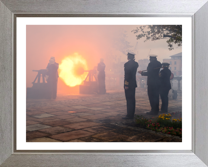 Gunnery Crew firing a salute Photo Print - Royal Navy Hampshire Prints 10 x 8 Silver Frame Yes