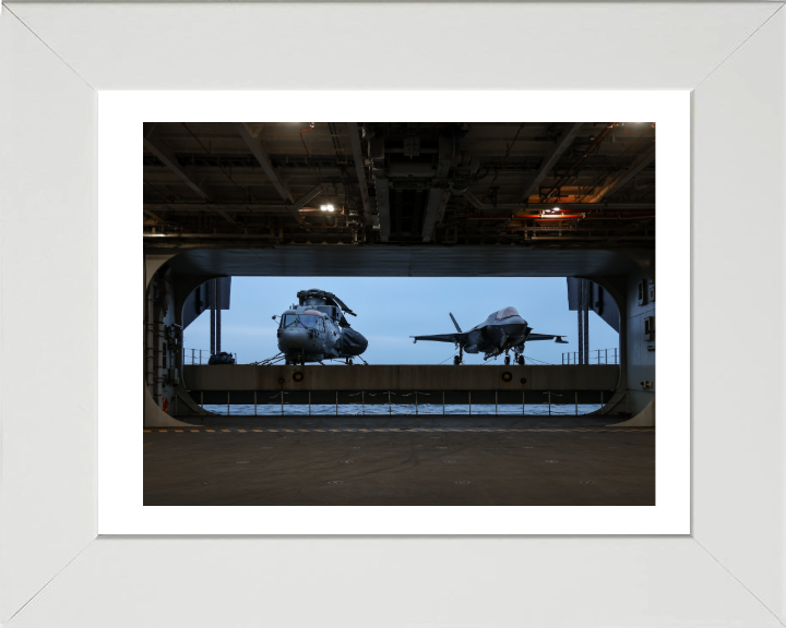 HMS Queen Elizabeth (R08) Flight Deck Hanger Lift Photo Print - Royal Navy Hampshire Prints 10 x 8 White Frame Yes