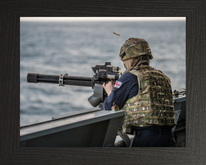 Gunner firing a Minigun Photo Print - Royal Navy Hampshire Prints 10 x 8 Black Frame No