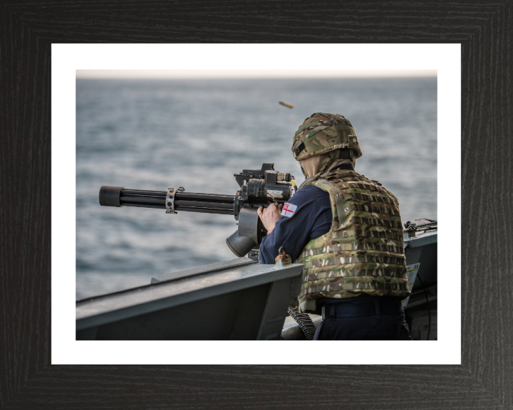 Gunner firing a Minigun Photo Print - Royal Navy Hampshire Prints 10 x 8 Black Frame Yes