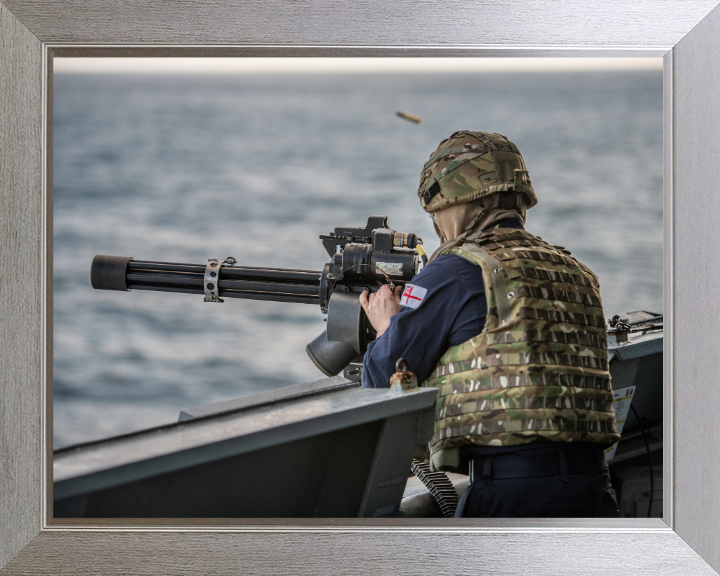 Gunner firing a Minigun Photo Print - Royal Navy Hampshire Prints 10 x 8 Silver Frame No
