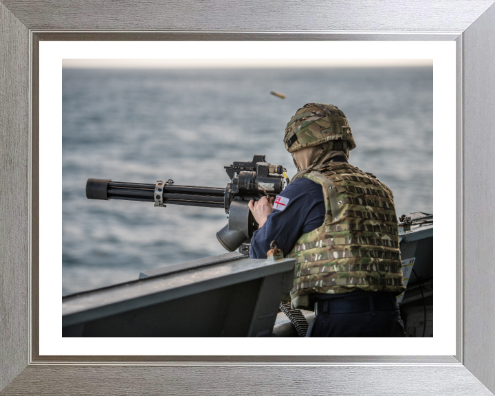 Gunner firing a Minigun Photo Print - Royal Navy Hampshire Prints 10 x 8 Silver Frame Yes