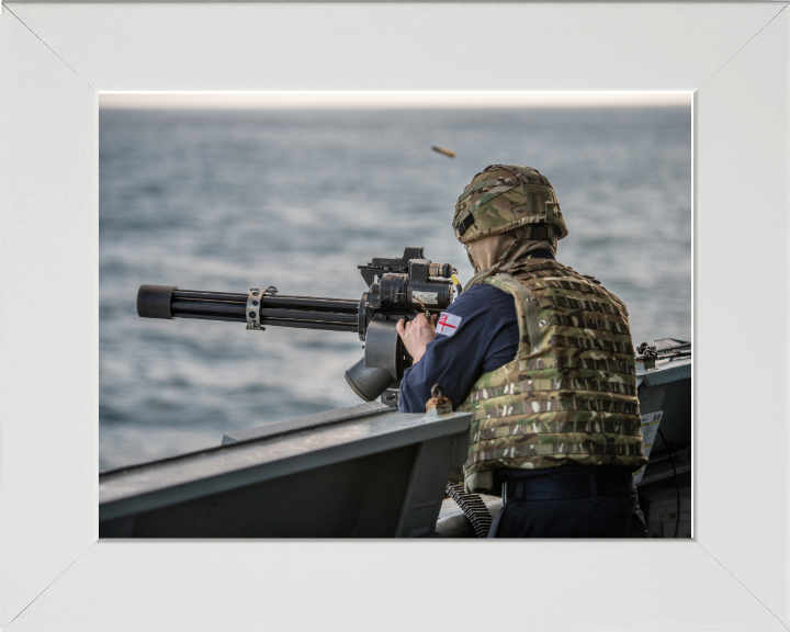 Gunner firing a Minigun Photo Print - Royal Navy Hampshire Prints 10 x 8 White Frame No