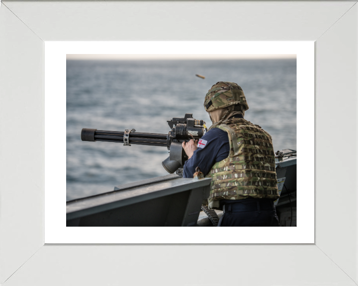 Gunner firing a Minigun Photo Print - Royal Navy Hampshire Prints 10 x 8 White Frame Yes
