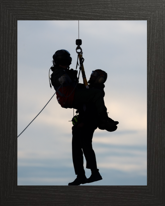 Helicopter Winchman Silhouette Photo Print - Royal Navy Hampshire Prints 10 x 8 Black Frame No