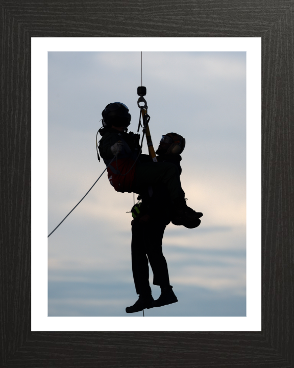 Helicopter Winchman Silhouette Photo Print - Royal Navy Hampshire Prints 10 x 8 Black Frame Yes