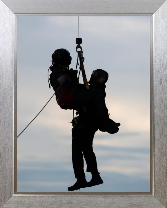 Helicopter Winchman Silhouette Photo Print - Royal Navy Hampshire Prints 10 x 8 Silver Frame No