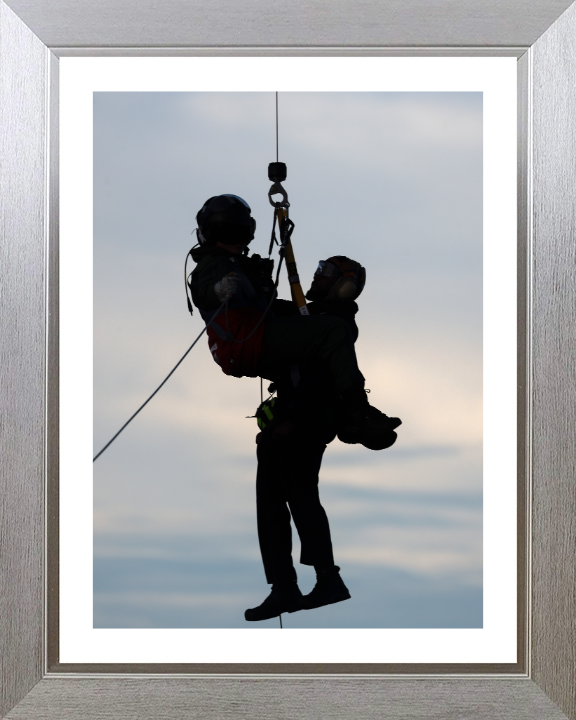 Helicopter Winchman Silhouette Photo Print - Royal Navy Hampshire Prints 10 x 8 Silver Frame Yes