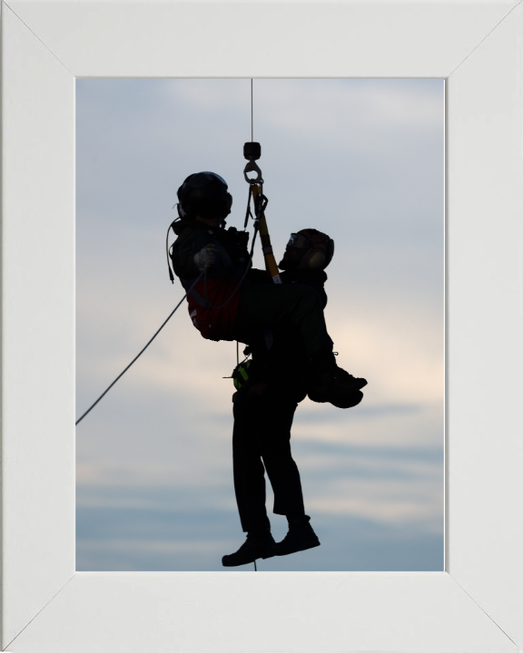 Helicopter Winchman Silhouette Photo Print - Royal Navy Hampshire Prints 10 x 8 White Frame No