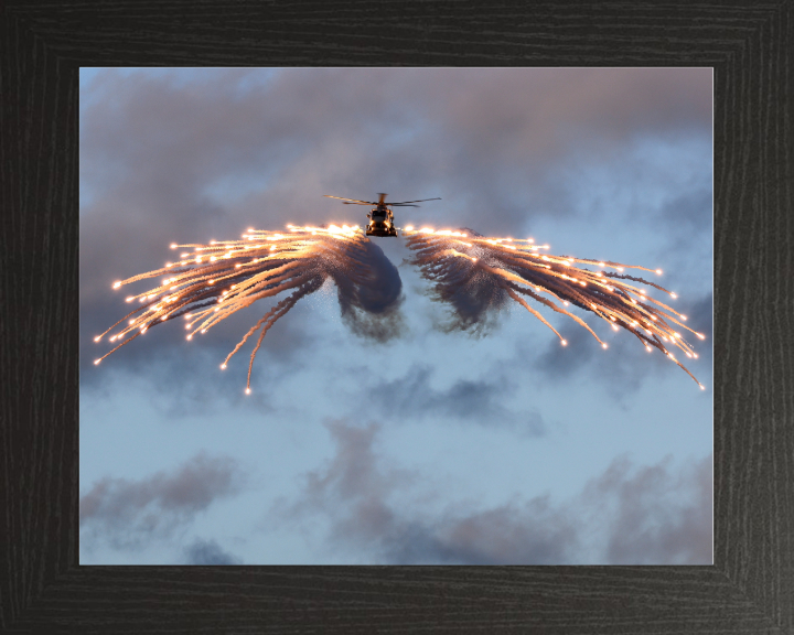 Merlin Helicopter Firing Flares Photo Print - Royal Navy Aircraft Hampshire Prints 10 x 8 Black Frame No