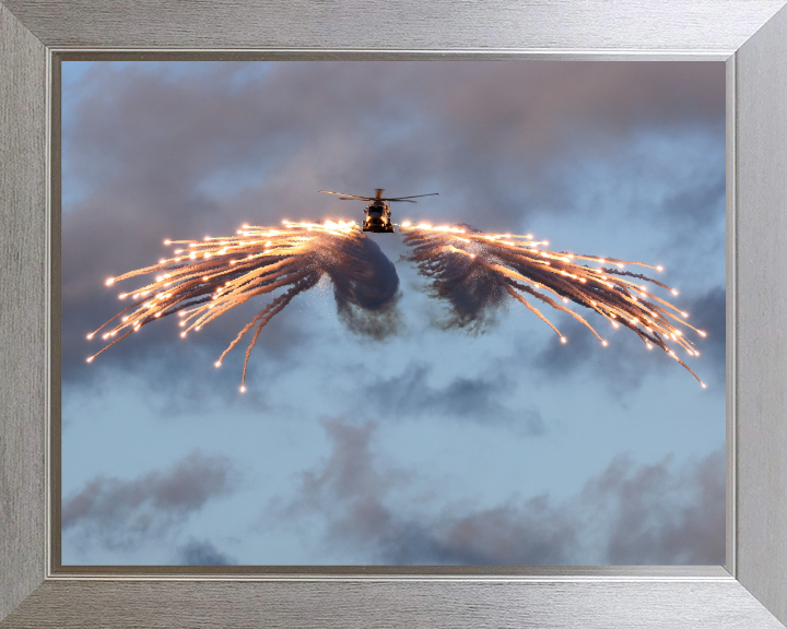 Merlin Helicopter Firing Flares Photo Print - Royal Navy Aircraft Hampshire Prints 10 x 8 Silver Frame No