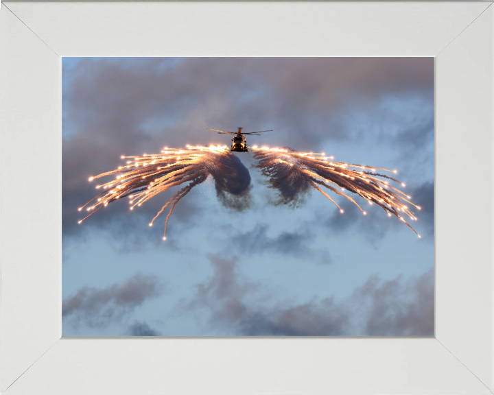 Merlin Helicopter Firing Flares Photo Print - Royal Navy Aircraft Hampshire Prints 10 x 8 White Frame No