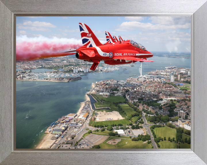 RAF Red Arrows Fly over Portsmouth UK Photo Print - Royal Air Force Aircraft Hampshire Prints 10 x 8 Silver Frame No