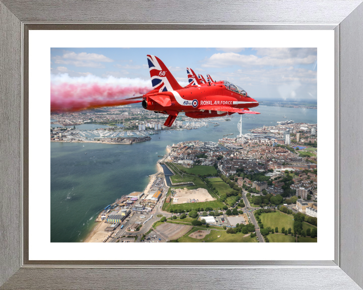 RAF Red Arrows Fly over Portsmouth UK Photo Print - Royal Air Force Aircraft Hampshire Prints 10 x 8 Silver Frame Yes
