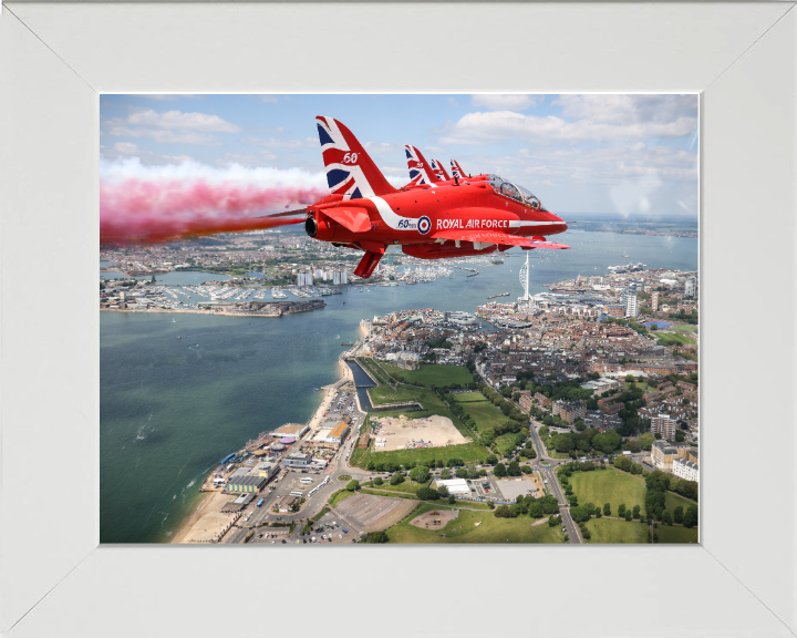 RAF Red Arrows Fly over Portsmouth UK Photo Print - Royal Air Force Aircraft Hampshire Prints 10 x 8 White Frame No