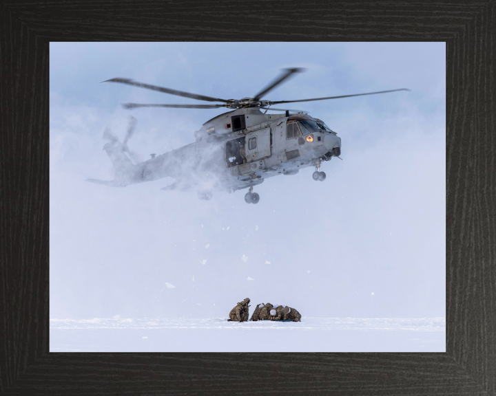 Merlin Helicopter Snow Landing Photo Print - Royal Navy Aircraft Hampshire Prints 10 x 8 Black Frame No