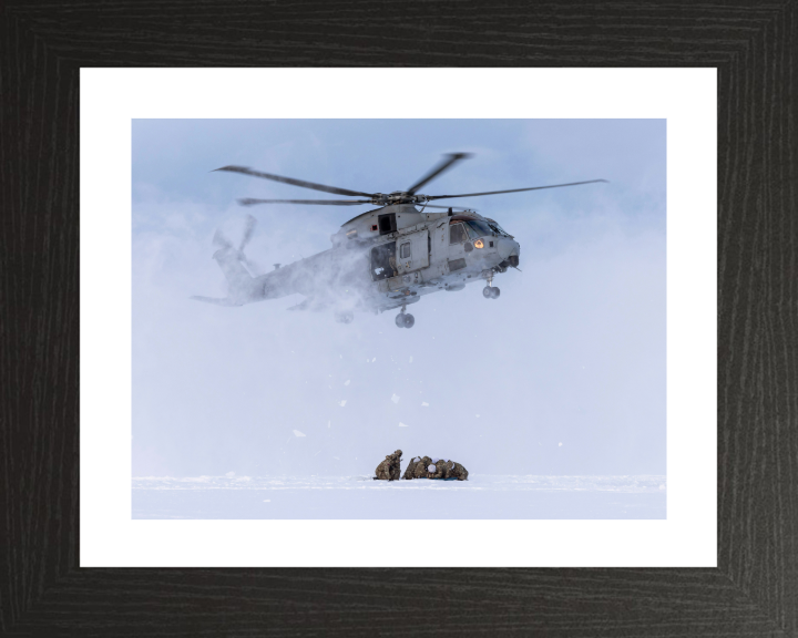 Merlin Helicopter Snow Landing Photo Print - Royal Navy Aircraft Hampshire Prints 10 x 8 Black Frame Yes
