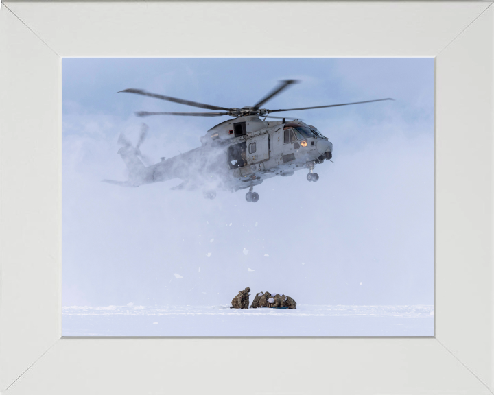 Merlin Helicopter Snow Landing Photo Print - Royal Navy Aircraft Hampshire Prints 10 x 8 White Frame No